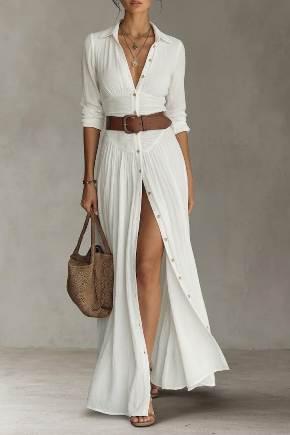 ROBE LONGUE POUR FEMME AVEC COL À REVERS ET MANCHES LONGUES EN LIN