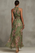 SERENA ∙ ROBE LONGUE VERTE À FLEURS EN MOUSSELINE AVEC COL LICOU