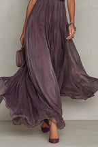 FLAVIA - ROBE LONGUE VIOLETTE AVEC ENCOLURE GOUTTE ET BORDURE EN DENTELLE DE MOUSSELINE