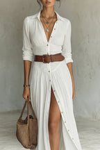 ROBE LONGUE POUR FEMME AVEC COL À REVERS ET MANCHES LONGUES EN LIN