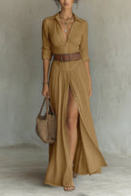 ROBE LONGUE POUR FEMME AVEC COL À REVERS ET MANCHES LONGUES EN LIN