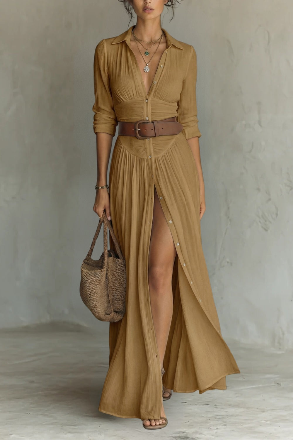 ROBE LONGUE POUR FEMME AVEC COL À REVERS ET MANCHES LONGUES EN LIN