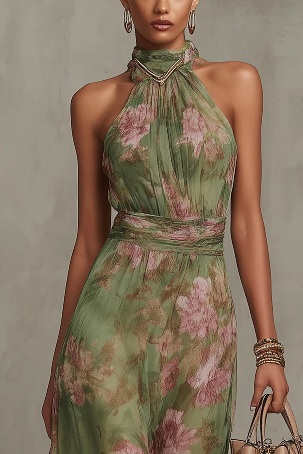 SERENA ∙ ROBE LONGUE VERTE À FLEURS EN MOUSSELINE AVEC COL LICOU
