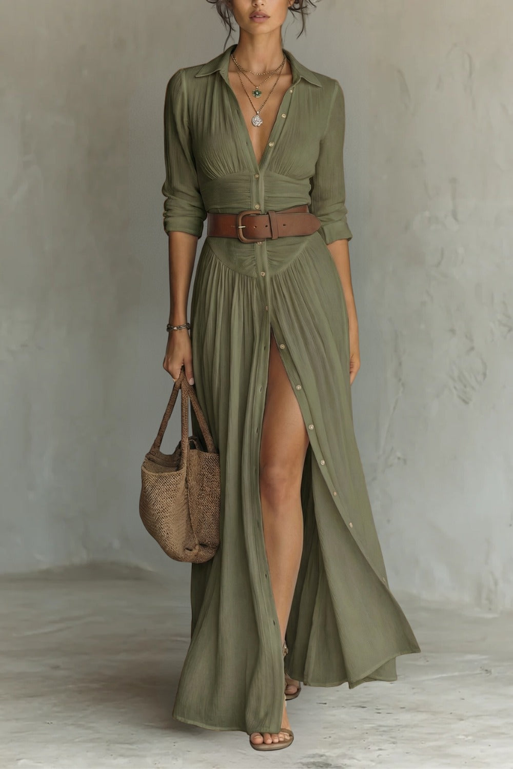 ROBE LONGUE POUR FEMME AVEC COL À REVERS ET MANCHES LONGUES EN LIN