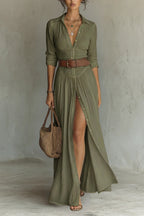 ROBE LONGUE POUR FEMME AVEC COL À REVERS ET MANCHES LONGUES EN LIN