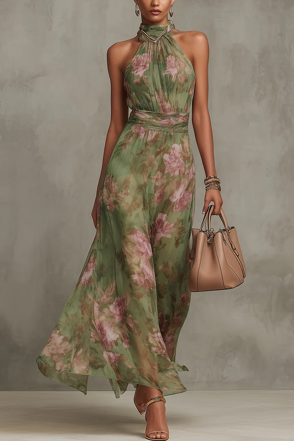 SERENA ∙ ROBE LONGUE VERTE À FLEURS EN MOUSSELINE AVEC COL LICOU