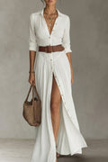 ROBE LONGUE POUR FEMME AVEC COL À REVERS ET MANCHES LONGUES EN LIN