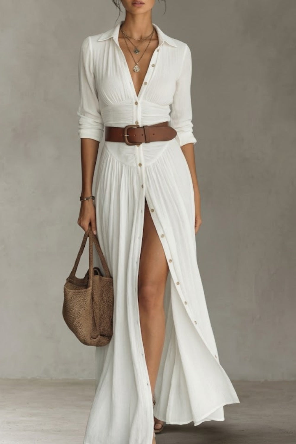ROBE LONGUE POUR FEMME AVEC COL À REVERS ET MANCHES LONGUES EN LIN