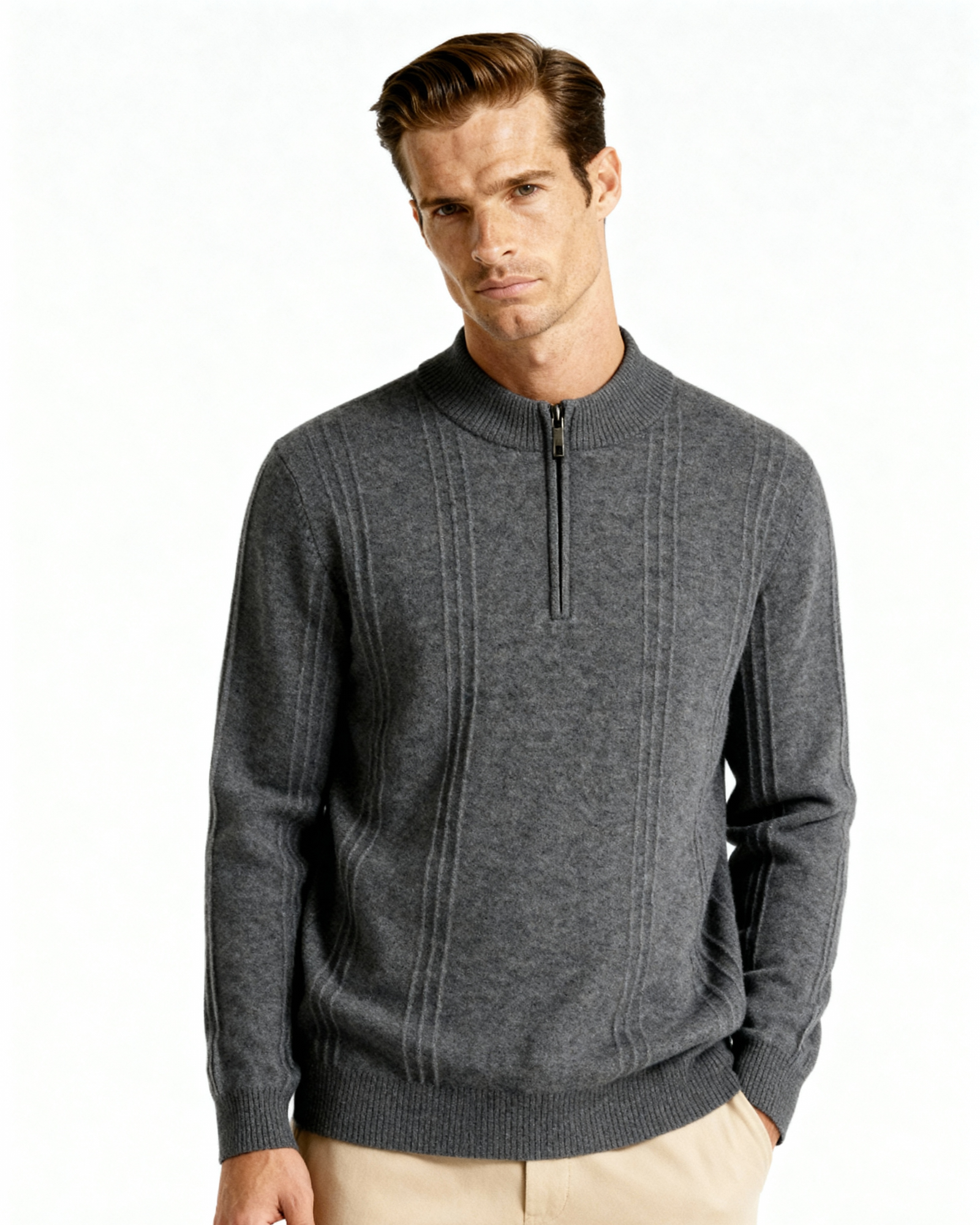 PULL CÔTELÉ DEMI-ZIP CACHEMIRE
