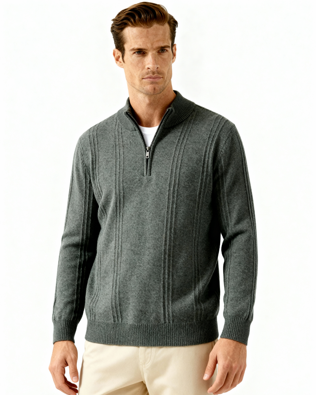 PULL CÔTELÉ DEMI-ZIP CACHEMIRE