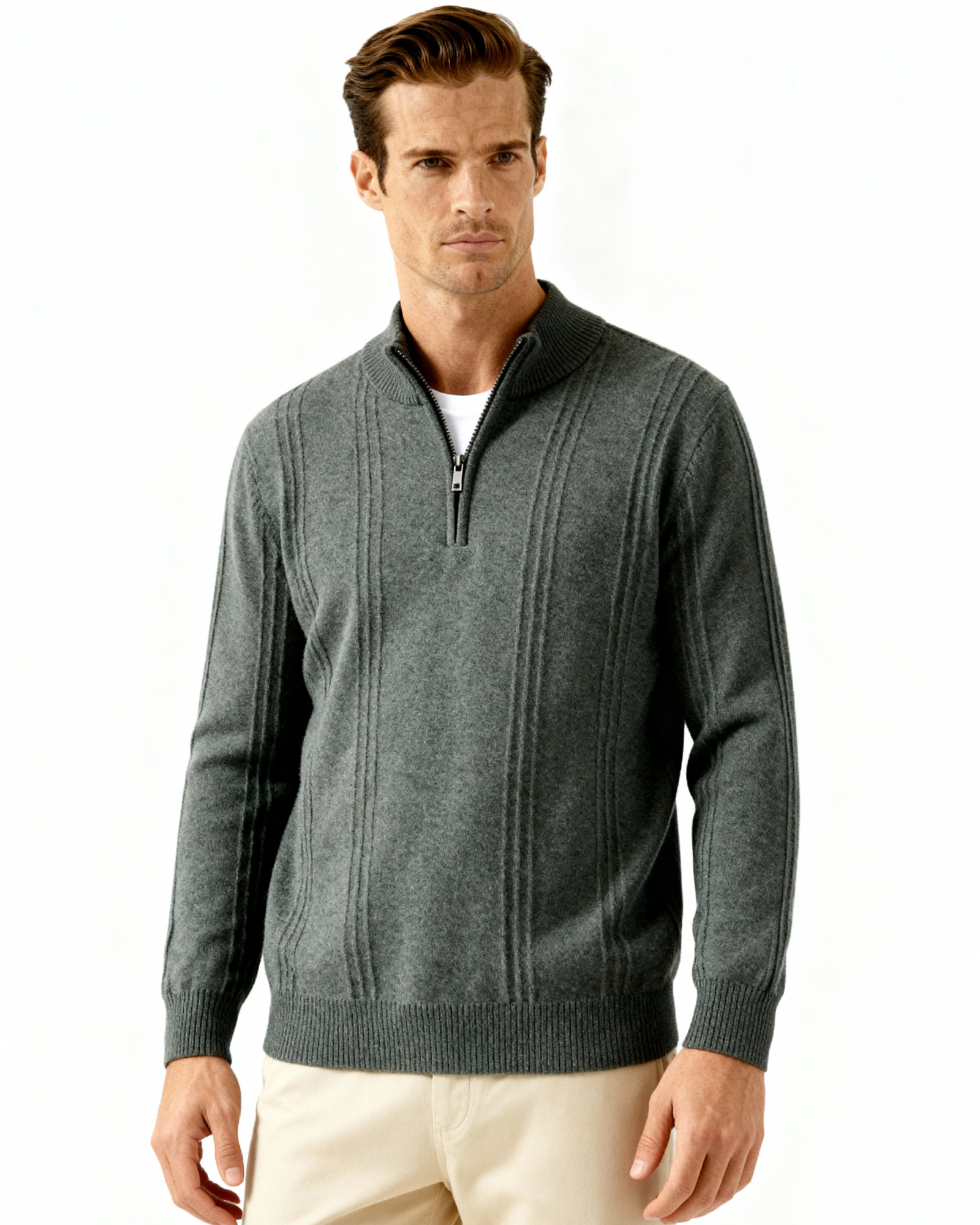 PULL CÔTELÉ DEMI-ZIP CACHEMIRE