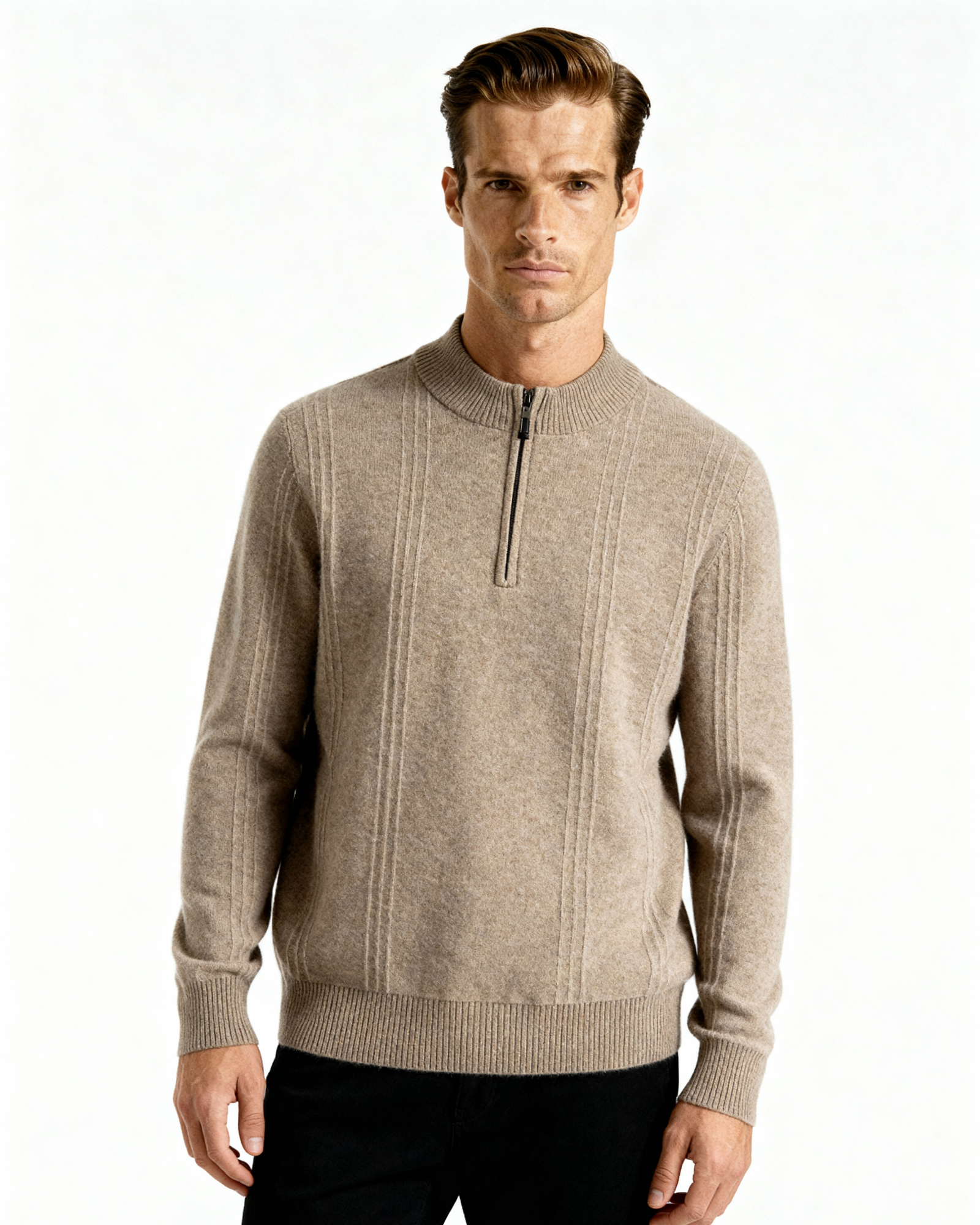 PULL CÔTELÉ DEMI-ZIP CACHEMIRE