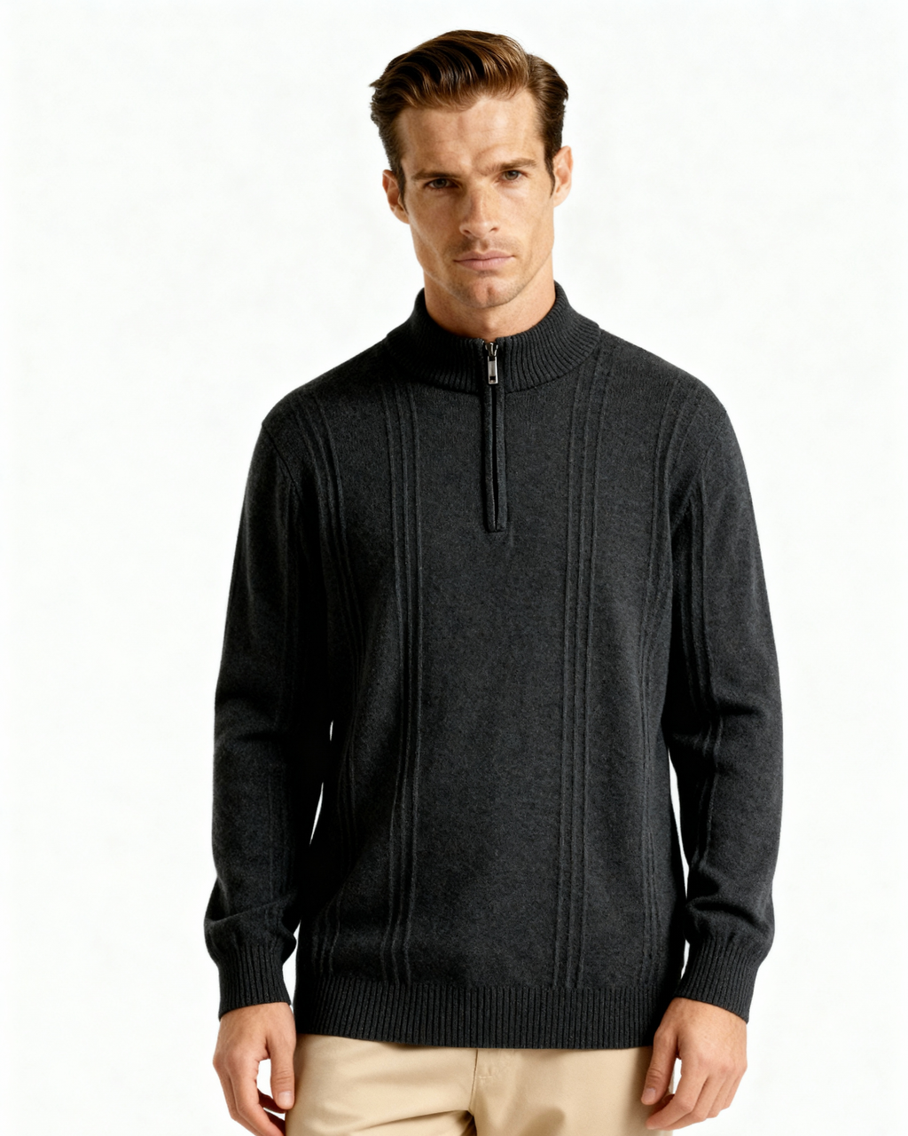 PULL CÔTELÉ DEMI-ZIP CACHEMIRE