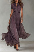 FLAVIA - ROBE LONGUE VIOLETTE AVEC ENCOLURE GOUTTE ET BORDURE EN DENTELLE DE MOUSSELINE