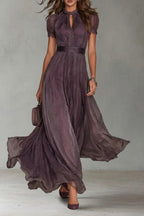 FLAVIA - ROBE LONGUE VIOLETTE AVEC ENCOLURE GOUTTE ET BORDURE EN DENTELLE DE MOUSSELINE