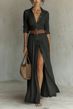 ROBE LONGUE POUR FEMME AVEC COL À REVERS ET MANCHES LONGUES EN LIN