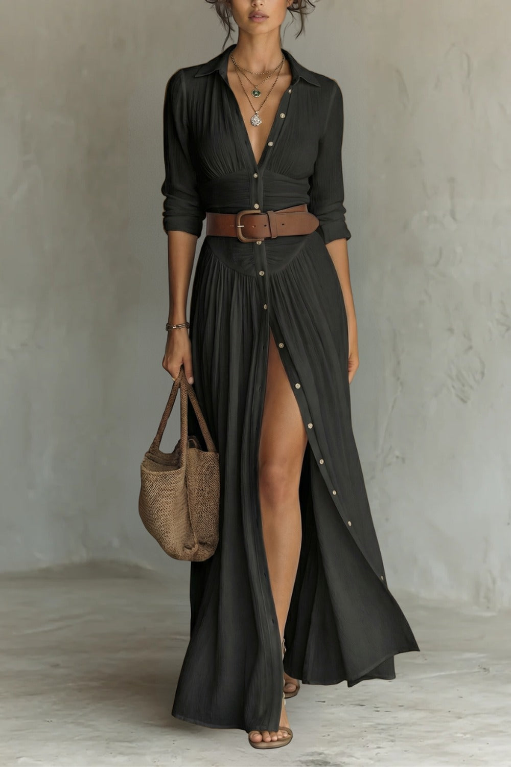 ROBE LONGUE POUR FEMME AVEC COL À REVERS ET MANCHES LONGUES EN LIN